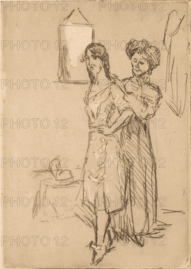 Young woman at a milliner, At the milliner's, print, The woman stands with her hand on her hip while the milliner takes her measurements. In the background, a hat lies on a table., number: '4800', printmaker: Isaac Israels (signed by artist), 1878 - 1934, Isaac Israels, printmaker, paper, etching, intaglio printmaking technique, height 178 mm x width 125 mm, adult woman, hatter, A sketch in thin dark lines on a light paper shows two women standing close together; the nearer woman faces slightly left with long straight hair and wears a dress with a low neckline and a fitted waist, her hands resting on her hips, while the woman behind her stands close with one hand near the other's shoulder and wears a high-necked blouse and a long skirt with a voluminous hairstyle. In the upper left a rectangular framed object hangs on the wall, and in the lower left a small round table holds a folded cloth or hat.