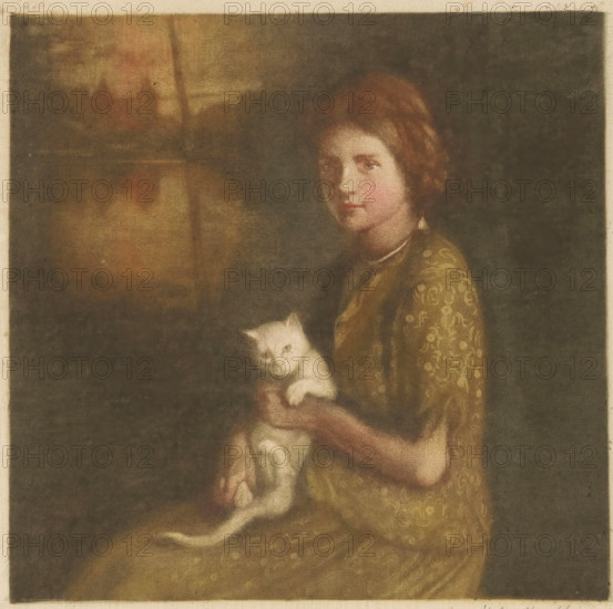 Girl with a cat on her lap, print, Silhouette of a castle in the background on the left., printmaker: Heinrich M. Krabbé (signed by artist), 1878 - 1931, paper, color mezzotint, height 275 mm x width 260 mm, cat, child (at home) - AA - girl, A softly painted portrait of a young person with short brown hair and rosy cheeks seated against a dark background, wearing a patterned golden garment and holding a white cat in their lap, the cat facing forward while the person looks slightly toward the viewer.