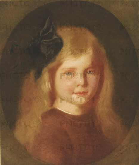 Portrait of an unknown girl, print, The girl is wearing a bow in her hair., printmaker: Heinrich M. Krabbé (signed by artist), 1878 - 1931, paper, color mezzotint, height 302 mm x width 251 mm, anonymous historical person portrayed - BB - woman, child (at home) - AA - girl, A painted portrait of a young girl with long blonde hair wearing a dark dress and a dark ribbon or bow in her hair, shown against a darker oval background; her face is softly lit with visible eyes, small nose, and closed lips, and a light collar is visible at her neckline.