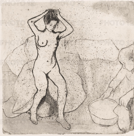 Nude woman taking a bath, Catherine preparing the tub and Louise nue se coiffe, print, printmaker: Suzanne Valadon (signed by artist), France, 1895, paper, etching, drypoint, intaglio printmaking technique, soft-ground etching, height 229 mm x width 225 mm, taking a bath, A lightly sketched scene in a monochrome, textured style showing a nude woman seated on a draped surface with one arm raised and hands gathering her hair, her head tilted downward and eyes cast toward her chest; the lines of her body are softly contoured with visible crosshatching in shadowed areas and small speckled marks across the paper; beside her a partially visible figure sits on the right edge, leaning forward with one arm extended toward a round basin on the floor; folds of cloth surround the seated woman and extend across the composition, and the overall image has an aged, worn paper background with faint smudges and scratches.