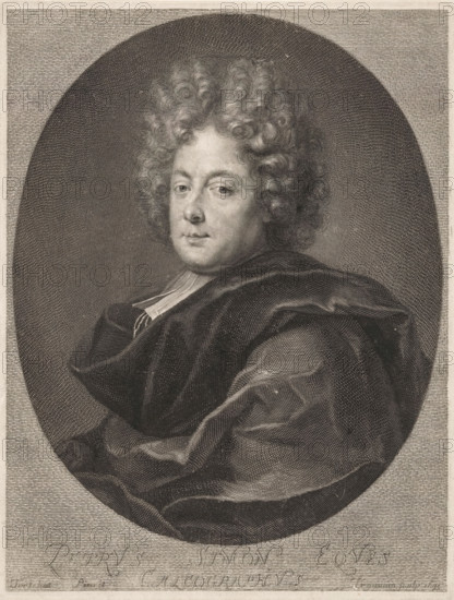 Petrus Simon Eques Calcographus, Portrait of Pierre (I) Simon in oval, print, printmaker: Antoine Trouvain, France, after painting by Jean Tortebat, 1693, paper, engraving, stipple work, height 242 mm x width 186 mm, Person, Pierre Simon (I), historical persons, portrait, self-portrait of artist, wig, A monochrome engraved portrait of a person with a voluminous curly hairstyle, shown from the shoulders up and turned slightly to the viewer's left, wearing a dark draped garment with visible folds and a lighter collar at the neck, set against an oval dark textured background within a rectangular frame; the face has a calm expression with visible eyes, nose, and closed lips, and the image shows fine line work and crosshatching throughout the hair, clothing, and background.