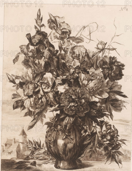 Flower vase with a church in the background, Series with flowers, print, Series number, 8, watermark, printmaker: Jules Ferdinand Jacquemart, France, publisher: Cadart & F. Chevalier, A., Paris, 1862, paper, etching, intaglio printmaking technique, printed in brown, height 339 mm x width 265 mm, church (exterior), flowers in a vase, A detailed monochrome drawing of a large ornate vase filled with a dense arrangement of varied flowers and leaves, the blooms showing layered petals and textured shading, some buds and drooping petals among fuller blossoms, long slender leaves and stems extending outward, and tendrils weaving through the composition; the vase sits on a flat surface and displays carved decorative motifs, while in the background faint outlines of rooftops and a tower with a pointed roof are visible beneath a light, textured sky.