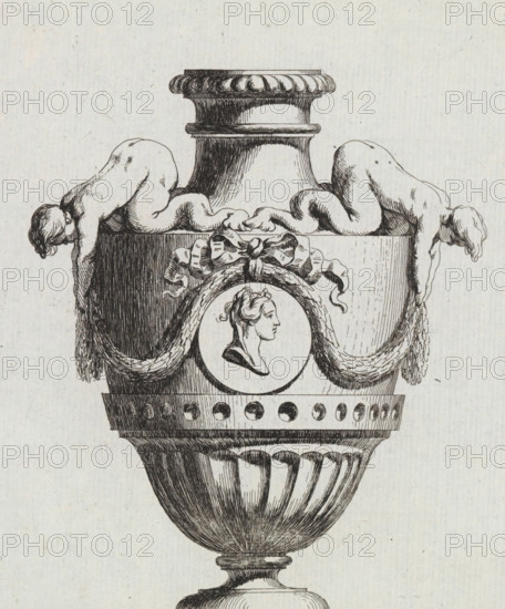 Vase with putti, Recueil De Vases, Ire Suitte, print, ornament print, Series number, 7, An ornamented vase with a round medallion with a woman's portrait in profile and garlands held by two putti., printmaker: LN Percenet, after design by LN Percenet, publisher: widow François Chéreau (II), Paris, 1755 - 1768, LN Percenet, widow François Chéreau (II), printmaker, after design by, publisher, paper, etching, height 171 mm x width 135 mm, cupids: 'amores', 'amoretti', 'putti', vase, ornament, An ornate vase rendered in black ink on a pale textured background, featuring a wide fluted body tapering to a pedestal base, a decorative band with circular motifs near the top, and a large central medallion framed by draped garlands and a tied ribbon; two reclining human figures lie draped over the vessel's rim with their heads hanging down, and a profile bust appears within the circular medallion, all shown in fine linear hatching and crosshatching.