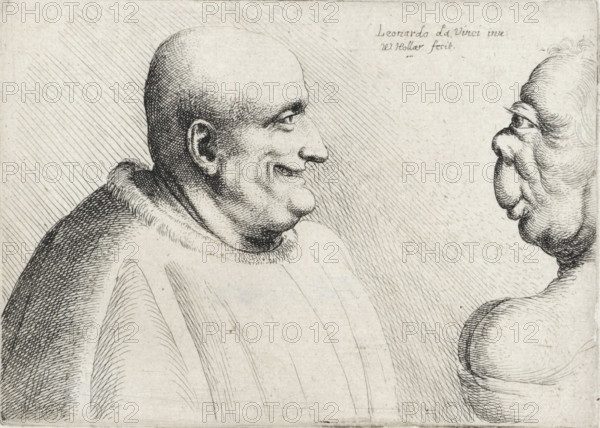 Heads of a large bald man and grotesque woman, Varie figurae et probae, Caricatures, heads and deformities after Leonardo da Vinci, print, printmaker: Wenceslaus Hollar, Antwerp, after design by Leonardo da Vinci, 1645, paper, etching, height 76 mm x width 106 mm, The series consists of a title print and thirteen subsequent prints, of which the first state is unnumbered. Every second or third state is numbered with a number-letter combination or just a number., disabilities, deformations, A black and white line drawing showing two bald men in profile facing each other; the man on the left has a rounded head, visible ear, pronounced nose and smiling mouth, and is wearing a garment with a textured collar and draped folds, while the man on the right has a wrinkled face with a prominent bulbous nose, sagging cheeks, and a similarly bald scalp with short stray hairs.