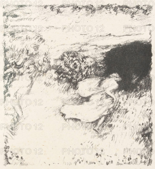 Daphnis and Chloe, Daphnis et Chloe, print, book illustration, Scene from the pastoral shepherd poem of Daphnis and Chloe by the Greek writer Longus. Landscape with Chloë running causing her clothes to blow up., printmaker: Pierre Bonnard, publisher: Henri Louis Ambroise Vollard, printer (person): Auguste Clot, 1902, printer (person), paper, lithography, height 150 mm x width 140 mm, height 291 mm x width 241 mm, Lithograph used for: Les pastorales de Longus ou Daphnis et Chloë, Ambroise Vollard (publisher), Paris 1902, Daphnis (in Greek mythology a shepherd who invented pastoral poetry, Chloe, A textured paper surface with charcoal or pencil sketch marks forming dark, rough strokes and smudges concentrated toward the top right and center, lighter, feathery shading and scribbled lines across the left and upper areas, a dense dark patch creating a rounded shape near the center-right, softer curved shading suggesting rounded forms in the middle, scattered small dots and specks across the...