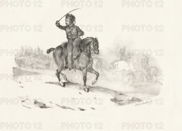 Artillery Officer, Artillery Officer Commanding the Charge, Suite of Eight Small Pieces, Eight small plates, print, The mounted artillery officer, in his right hand a raised saber. Behind him a carriage with a cannon drawn by horses., printmaker: Théodore Géricault, printer (person): Gottfried Engelmann, Paris (possibly), publisher: Gihaut frères (possibly), 1823 - 1823-02-01, printer (person), paper, lithography, chine collé, height 120 mm x width 175 mm, height 266 mm x width 363 mm, warfare, military affairs (cavalry, horsemen), A monochrome drawing of a mounted soldier raising a curved sword while riding a trotting horse, the rider wearing a fur hat and a detailed uniform with visible straps and a rolled cloak or blanket at the saddle, the horse shown in mid-stride with visible tack and muscular shading, a faint background scene with other mounted figures and a cannon and carriage sketched in lighter tones, and a textured ground beneath the horse with patches of darker shading.