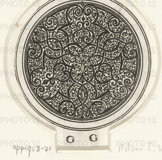 Round leaf with moresques, Round with moresques (former title), Flat decorations and parts of a hilt, decorated with moresques, print, ornamental print, Moresques, consisting of two basic motifs each mirrored three times. From a series of 42 leaves., printmaker: Monogrammist GG, Germany (possibly), publisher: anonymous, c. 1525 - c. 1550, paper, etching, height 59 mm x width 54 mm, ornament, moresque, A close-up of a circular ornamental design printed in black on a light textured background, featuring dense interlacing scrolls and curved lines forming a symmetrical floral and geometric pattern within concentric rings, with a small rectangular tab at the bottom bearing two printed capital letters, and faint handwritten marks and pencil notations visible on the surrounding paper.