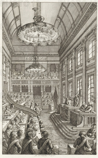 First National Assembly in The Hague, 1796, print, historical print, Session of the First National Assembly in The Hague, from March 1, 1796 to August 31, 1797. View of the assembly hall (former ballroom of the Stadholder's Palace) with the members, all wearing ribbons as representatives. On the right, the chairman Pieter Paulus addresses the members and declares the National Assembly established. In the background, the full public gallery., printmaker: Reinier Vinkeles (I), Amsterdam, 1805, Reinier Vinkeles (I), printmaker, paper, etching, engraving, height 244 mm x width 162 mm, Used as an illustration in: PA Loosjes. Patriotic history, containing the histories of the United Netherlands, in the immediate continuation of Wagenaar's Patriotic history. Amsterdam: Johannes Allart, vol. 35 (1805)., Person, National Assembly, Pieter Paulus, Lower House, Parliament, Chamber, revolutionary government, First National Assembly, The Hague, Binnenhof, Period, A detailed black and white etching o...