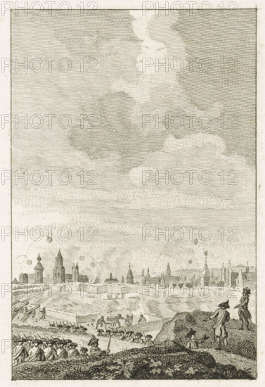Bombardment of Maastricht, 1793, print, Bombardment of Maastricht by the French army, February 24, 1793. With handwritten inscription., printmaker: Cornelis Bogerts, Northern Netherlands, after drawing by Jacobus Buys, 1793 - 1795, paper, etching, engraving, etching and engraving, proof print before the lettering, height 165 mm x width 115 mm, Used as illustration in: J. Fokke, Geschiedenissen der Vereenigde Nederlanden voor de vaderlandsche jeugd, Johannes Allart, Amsterdam 1783-1795, 25 volumes, vol. 24, pl. 4., bombardment, siege, Maastricht, Period, 1793-02-24, The image shows a tall vertical etching with a cloudy sky occupying the upper portion, rendered with fine horizontal lines and several large, billowing cloud shapes in varying shades. Below the sky a distant skyline of towers and spires stretches across the middle ground, each topped with pointed or domed roofs and interspersed with smaller buildings and walls. In the foreground there is a hilly, textured landscape with grou...
