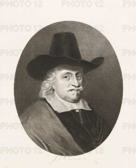 Portrait of a gentleman with a hat, print, signature: 'JA Boland 15 March 1860', printmaker: Johannes Arnoldus Boland (signed by artist), Amsterdam, after design by anonymous, 1860-03-15, paper, engraving, height 253 mm x width 198 mm, anonymous historical person depicted alone (three-quarter view portrait), An oval engraved portrait of a man shown from the chest up wearing a wide-brimmed dark hat and clothing with a high white collar, his face rendered with fine line shading, light wavy hair visible at the sides, a curled mustache, and a steady gaze, set against a textured dark oval background framed by a plain light border.