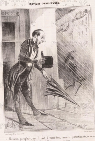 Man tries to open new umbrella in the rain, Parisian emotions, Émotions Parisiennes, cartoon, Series number, 33, 51, printmaker: Honoré Daumier, printer (person): Aubert & Cie., Paris, publisher: Bauger, 1840, printer (person), paper, lithography, letterpress printing, lithography with text in letterpress on verso, height 363 mm x width 245 mm, Print possibly from: Le Charivari, September 27, 1840., caricatures (human types), umbrella, downpour, rain shower, A black and white drawing shows a thin man standing under a doorway, leaning forward with a surprised expression, holding a closed umbrella in one hand and lifting a hat with the other; he wears a long coat, waistcoat, necktie, and trousers, and his facial features are sharply outlined. Rain is depicted as diagonal lines across the scene, and a shadowy figure wearing a hat is visible through the rain beyond the doorway. The floor has rectangular paving, and a recessed door or panel is at the left with a dark rectangular opening. Th...