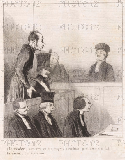 Defendant in court answers question, Le président: Vous avez eu des moyens d'existence, Parisian emotions, Émotions Parisiennes, cartoon, Series number, 48, 51, printmaker: Honoré Daumier, printer (person): Aubert & Cie., Paris, publisher: Bauger, 1842, Honoré Daumier, Aubert & Cie., Bauger, printmaker, printer (person), publisher, paper, lithography, letterpress printing, lithography with letterpress text on verso, height 363 mm x width 245 mm, Print possibly from: Le Charivari, November 6, 1842., caricatures (human types), court session (court of justice), the, A vertical pencil drawing showing a courtroom scene with several seated men wearing dark robes and white neckbands, a standing thin man leaning forward with hands in his pockets and an exaggerated profile, a man in a tall hat seated behind a raised desk with a serious mustached face, another seated figure wearing a rounded cap behind the desk, a woman or man in a bonnet-like hat seated higher up facing forward, and a table in ...