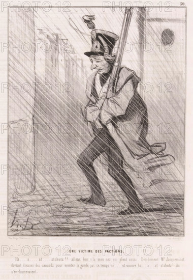 Une victime des factions, National Guard soldier patrols through the rain, Parisian emotions, Émotions Parisiennes, cartoon, Series number, 50, 51, printmaker: Honoré Daumier, printer (person): Aubert & Cie., Paris, publisher: Bauger, 1842, printer (person), paper, lithography, letterpress printing, lithography with letterpress text on verso, height 363 mm x width 246 mm, Print possibly from: Le Charivari, November 26, 1842., caricatures (human types), guard duty, keeping sentry, downpour, rain shower, A monochrome sketch shows a hunched man walking through heavy slanted rain, wearing a long coat and a tall hat with a plume, carrying a long rifle slung over his shoulder, his head tilted down and facial features drawn with lines suggesting a tired expression, his hands held near his chest, one leg stepping forward on a cobbled ground, a series of indistinct vertical shapes and architectural elements in the background, and rain indicated by diagonal lines across the entire scene.