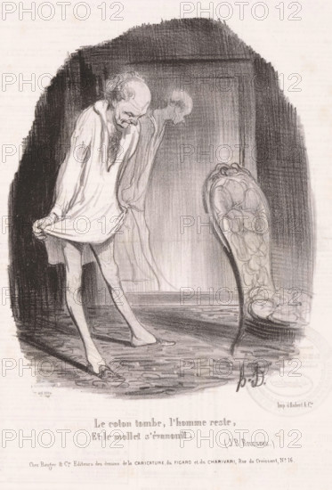 Le coton tombe, l'homme reste, Old man in nightgown looks at his legs at the mirror, Vanity, Coquetterie, cartoon, Series number, 10, stamp: 'Timbre Royal Seine, 3 c.', printmaker: Honoré Daumier, printer (person): Aubert & Cie., Paris, publisher: Bauger, 1840, Honoré Daumier, Aubert & Cie., Bauger, printmaker, printer (person), publisher, paper, lithography, letterpress printing, lithography with letterpress text on verso, height 363 mm x width 243 mm, Print possible from: Le Charivari, November 15, 1840., nightwear: night-gown, old man, caricatures (human types), mirror, A monochrome drawing shows an older man standing in a dim interior, wearing a loose nightshirt and slippers, with a hunched posture and a downturned face; one hand lifts the hem of his shirt while the other hangs near his side, and a faint ghostlike double of his head and upper body is sketched behind him; to the right a high-backed upholstered chair with a patterned cushion sits near him, and a rounded rug or textur...