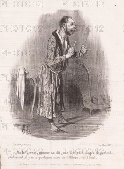 Ma foi! C'est, comme on dit, une véritable range de perles!, Man with toothbrush admires his teeth in the mirror, Vanity, Coquetterie, cartoon, Series number, 9, 10, printmaker: Honoré Daumier, printer (person): Aubert & Cie., Paris, publisher: Bauger, 1840, Honoré Daumier, Aubert & Cie., Bauger, printmaker, printer (person), publisher, paper, lithography, letterpress printing, lithography with letterpress text on verso, height 363 mm x width 245 mm, Print possibly from: Le Charivari, October 18, 1840., caricatures (human types), teeth, toothbrush, A tall thin figure wearing a patterned long robe and slippers stands in profile, leaning slightly forward and holding a small hand mirror in one hand and a toothbrush in the other, with a facial expression that shows an open mouth and prominent nose, a short dark hairstyle, and visible facial lines; behind the figure is a curved chair draped with a cloth, and the scene is rendered in shaded black-and-white sketching with soft background shad...
