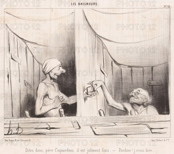 Two old men exchanging tobacco in their bathtub, Dites donc, père Coquardeau, Men bathing, Les baigneurs, cartoon, Series number, 15, 30, printmaker: Honoré Daumier, printer (person): Aubert & Cie., Paris, publisher: Bauger, 1840, printer (person), paper, lithography, letterpress printing, lithography with letterpress text on verso, height 240 mm x width 363 mm, Print possibly from: Le Charivari, August 9, 1840., caricatures (human types), snuff-box, public baths (two together), A pencil drawing shows two nude elderly figures seated in adjacent curtained wooden stalls separated by a central post, the figure on the left wearing a cap and looking toward the right with a hand on their chest, the figure on the right wearing glasses and leaning upward with an outstretched arm holding a small boxlike object; rough wooden planks, curtain folds, and simple hinges frame the stalls, and the scene is rendered in soft shading with visible sketch lines.