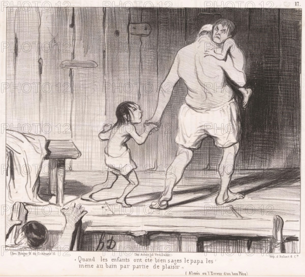 Quand les enfants ont été bien sages, Vader met twee kinderen in het zwembad, Badende mannen, Les baigneurs, cartoon, Series number, 17, 30, printmaker: Honoré Daumier, printer (person): Aubert & Cie., Paris, publisher: Bauger, 1840, printer (person), paper, lithography, letterpress printing, lithography with text in letterpress on verso, height 241 mm x width 363 mm, Print possibly from: Le Charivari, 6 September 1840., caricatures (human types), public baths, father and child(ren), man and child(ren) (family group), A pencil drawing of a wooden interior showing a man seen from behind carrying a small child on one shoulder while holding the hand of another child who walks beside him; the man wears a loose undergarment and slippers, the child on his shoulder clings with a tense expression, and the child walking looks up toward the man with a distressed face; a simple wooden stool and a rumpled cloth appear to the left, and a portion of a bed or bench is visible with an arm and hand rea...
