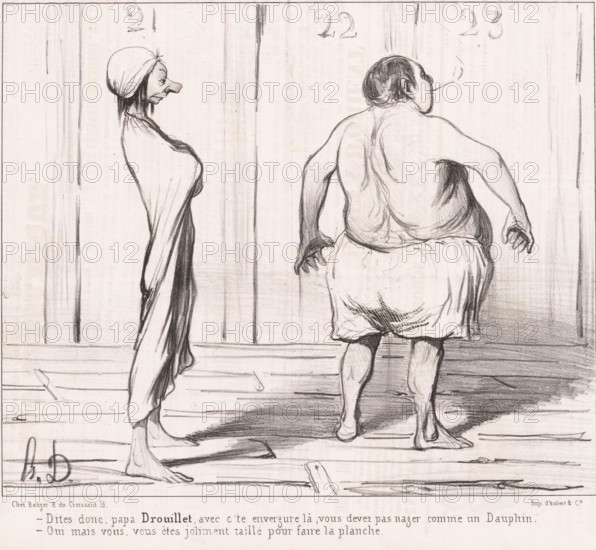 Thin and portly man in the swimming pool, Les baigneurs, Men bathing, cartoon, Series number, 18, 30, printmaker: Honoré Daumier, printer (person): Aubert & Cie., Paris, publisher: Bauger, 1840, printer (person), paper, lithography, letterpress printing, lithography with letterpress text on verso, height 243 mm x width 363 mm, Print possibly from: Le Charivari, September 22, 1840., caricatures (human types), public baths, fat and thin (human types), A pencil drawing of two barefoot figures standing on a wooden floor in front of a paneled backdrop, one figure facing left with a long, draped garment and a head covering, showing a prominent nose in profile, the other seen from behind with a bare back, muscular shoulders, a short skirt-like cloth, and a cigarette or thin stick held near the mouth, vertical shading lines on the background panels, floorboards and scattered small marks on the ground, and a strip of printed text along the bottom edge partially visible.