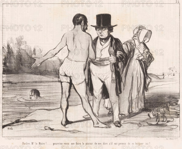 Man in swimming trunks asks mayor if he can swim, Excuse me, Mr. le Maire!, Bathing men, Les baigneurs, cartoon, Series number, 25, 30, printmaker: Honoré Daumier, printer (person): Aubert & Cie., Paris, publisher: Bauger, 1842, printer (person), paper, lithography, letterpress printing, lithography with letterpress text on verso, height 236 mm x width 362 mm, Print possibly from: Le Charivari, August 7, 1842., river, caricatures (human types), swimming (movement in water), A pencil or charcoal drawing of three standing figures at a shoreline with a small head and shoulders visible in the water nearby; a man facing away from the viewer wears striped knee-length undergarments and stands barefoot on the sand with one arm extended toward the water, a second man faces him wearing a tall top hat, spectacles, a dark coat over lighter clothing and holds a cloth at his waist with a stern expression, and a woman beside the second man wears a bonnet and a long dress and gestures with one hand ne...