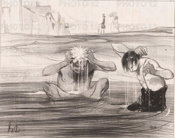 Two men bathe in a river, Attention, Gargouillet, Bathing men, Les baigneurs, cartoon, Series number, 26, 30, printmaker: Honoré Daumier, printer (person): Aubert & Cie., Paris, publisher: Bauger, 1842, printer (person), paper, lithography, letterpress printing, lithography with letterpress text on verso, height 236 mm x width 363 mm, Print possibly from: Le Charivari, August 13, 1842., river, caricatures (human types), washing and bathing, A monochrome pencil drawing shows two partially submerged figures in the foreground, both bending forward with water streaming from their hair and bodies; one sits cross-legged holding their head with both hands while water pours from a spiky white mass atop their head, the other kneels with hair hanging forward and one hand raised near their shoulder. The water surface around them is rendered with broad horizontal strokes and rippling lines. In the distant background there are simple blocky structures with pitched roofs on the left and two small, u...