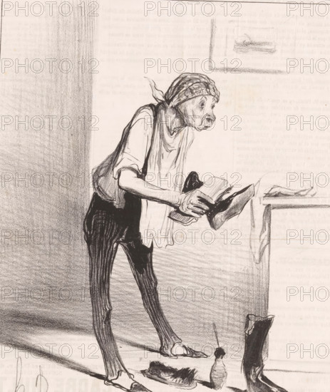 One is never well served only by oneself, Man polishes his boots, Proverbs and sayings, Proverbs and maxims, cartoon, Series number, 2, 12, printmaker: Honoré Daumier, printer (person): Aubert & Cie., Paris, publisher: Bauger, 1840, printer (person), paper, lithography, letterpress printing, lithography with text in letterpress on verso, height 363 mm x width 236 mm, Print possibly from: Le Charivari, June 28, 1840., caricatures (human types), accessories, shoes, eg insole, shoehorn, shoe-polish, boots, A pencil sketch of an elderly person standing and leaning forward, wearing a headscarf and loose clothing with long, narrow legs in striped trousers, holding an open shoe in their hands, with a second shoe on the floor nearby and a bottle and a brush or rag lying on the ground beside the shoes, a faint framed picture on the wall behind them, and shading that creates a vertical textured area to the left.