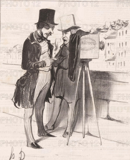 Patience is the virtue of donkeys, Photographer with camera looks at his pocket watch, Proverbs and sayings, Proverbs and maxims, cartoon, Series number, 3, 12, printmaker: Honoré Daumier, printer (person): Aubert & Cie., Paris, publisher: Bauger, 1840, printer (person), paper, lithography, letterpress printing, lithography with text in letterpress on verso, height 363 mm x width 236 mm, Print possibly from: Le Charivari, July 2, 1840., photographer at work, caricatures (human types), watch, Two men stand close together, both wearing long coats and tall hats; one man faces the viewer in profile with a mustache and holds a small round object in his hand while the other leans slightly forward toward him with a darker coat and a hooked nose. Beside them stands an old-fashioned camera on a tripod covered by a cloth, the camera box visible with an oval shape on its side. The background shows faint outlines of building facades and rooftops, and the foreground floor is shaded with pencil stro...