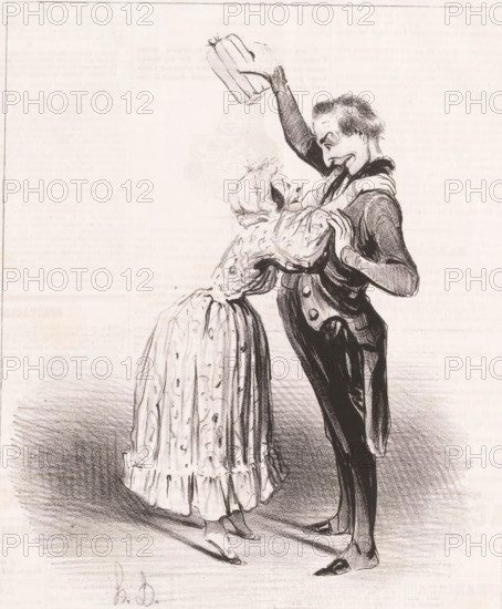 Les petits présens entrétiennent l'amitié, Woman embraces man because of gift, Proverbs and sayings, Proverbes et maximes, cartoon, Series number, 7, 12, stamp: 'Timbre Royal Seine, 3 c.', printmaker: Honoré Daumier, printer (person): Aubert & Cie., Paris, publisher: Bauger, 1840, Honoré Daumier, Aubert & Cie., Bauger, printmaker, printer (person), publisher, paper, lithography, letterpress printing, lithography with letterpress text on verso, height 363 mm x width 236 mm, Print possibly from: Le Charivari, July 24, 1840., caricatures (human types), gifts being accepted, A black and white drawing of a man and a woman standing close together, the man taller and leaning slightly toward the woman while holding a hat high above his head with one arm and gripping his jacket with the other, and the woman facing him with her arms around his shoulders and her head tilted upward; the woman wears a long patterned dress with a ruffled hem and flat shoes, and the man wears a dark tailored coat wit...