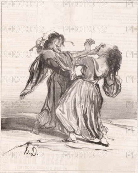 A bon chat bon rat, Two fighting women, Proverbs and sayings, Proverbs and maxims, cartoon, Series number, 8, 12, printmaker: Honoré Daumier, printer (person): Aubert & Cie., Paris, publisher: Bauger, 1840, printer (person), paper, lithography, letterpress printing, lithography with text in letterpress on verso, height 363 mm x height 236 mm, Print possibly from: Le Charivari, August 4, 1840., caricatures (human types), fighting, A monochrome drawing shows two women in dramatic motion on a flat surface. One woman faces forward with a tense expression, hair tied back under a headscarf, wearing a flowing dress and shawl with sleeves stretched as if pushing or restraining. The other woman leans backward with her head thrown back, mouth open, and hair loose, her hands raised near her face and her dress billowing around her lower body. The fabric of their garments is rendered with strong shading and folds, and their bare feet are visible on the ground. The background is mostly blank with fa...