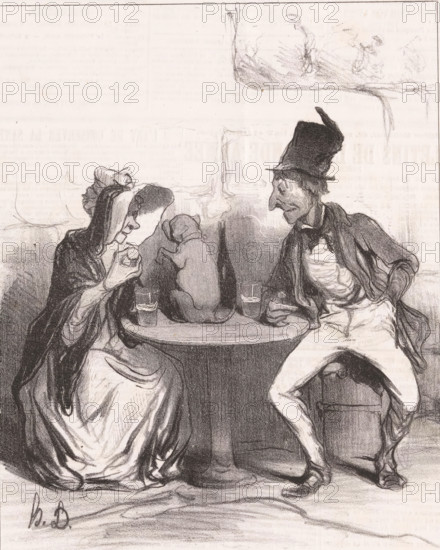 Qui aime Bertrand aime son chien, Man and woman with dog on the table, Proverbs and sayings, Proverbes et maximes, cartoon, Series number, 9, 12, printmaker: Honoré Daumier, printer (person): Aubert & Cie., Paris, publisher: Bauger, 1840, printer (person), paper, lithography, letterpress printing, lithography with letterpress text on verso, height 363 mm x width 236 mm, Print possibly from: Le Charivari, July 22, 1840., inn, coffee-house, public house, training of dogs, caricatures (human types), A monochrome drawing shows two seated figures facing each other across a round table with a bottle and two glasses on it, a small dog sits on the table between them facing away; the figure on the left appears wearing a bonnet and shawl, holding a small round object near their face with one hand while the other rests near a glass; the figure on the right wears a tall hat and a loose coat with visible ribs and holds a glass in one hand with the other arm resting on the table, legs spread and fee...