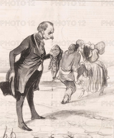 Man with a bloody nose and a black eye, Il ne faut pas mettre le doigt entre le bois et l'écorce, Proverbs and sayings, Proverbs and maxims, cartoon, Series number, 10, 12, The man received a slap after intervening between a quarreling man and woman., printmaker: Honoré Daumier, printer (person): Aubert & Cie., Paris, publisher: Bauger, 1840, Honoré Daumier, Aubert & Cie., Bauger, printmaker, printer (person), publisher, paper, lithography, letterpress printing, lithography with text in letterpress on verso, height 362 mm x width 236 mm, Print possibly from: Le Charivari, July 26, 1840., caricatures (human types), slap in the face, A monochrome sketch showing a thin man in formal clothing leaning forward and holding a hat in one hand while extending the other hand toward a limp head he holds by the hair; two figures walk away from him, one hunched with short hair and simple clothing and the other with long hair and a flowing skirt holding her head with both hands; the scene is set on a...