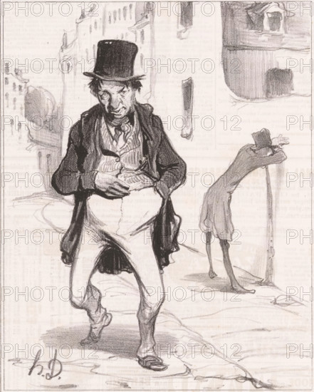 Ce qui est bon à prendre est bon à garder, Two drunken men on the street, Proverbs and sayings, Proverbs et maximes, cartoon, Series number, 12, printmaker: Honoré Daumier, printer (person): Aubert & Cie., Paris, publisher: Bauger, 1840, printer (person), paper, lithography, letterpress printing, lithography with letterpress text on verso, height 362 mm x width 236 mm, Print possibly from: Le Charivari, October 20, 1840., street, drunkard, caricatures (human types), A monochrome pencil drawing of a man walking forward wearing a tall hat, a jacket over a striped vest, a neckerchief, and trousers with one leg rolled; his hands are near his waist and his face shows a focused expression with deep lines. Behind him and to the right, a thin figure in a long coat leans on a cane with a hat tilted forward obscuring the face. The background includes faint architectural outlines and shaded shapes suggesting buildings and a rounded structure, and there is a signature in the lower left corner.