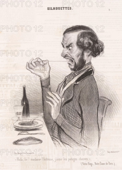 Holà, hey! Madame l'hôtesse, Man finds her in his soup, Small pleasures and displeasures, Silhouettes, cartoon, Series number, 2, 8, printmaker: Honoré Daumier, printer (person): Aubert & Cie., Paris, publisher: Bauger, 1840, Honoré Daumier, Aubert & Cie., Bauger, printmaker, printer (person), publisher, paper, lithography, letterpress printing, lithography with text in letterpress on verso, height 363 mm x width 243 mm, Print possibly from: Le Charivari, October 15, 1840., caricatures (human types), broth, soup, A monochrome lithograph of a seated man in profile facing left, with a pronounced nose, furrowed brow, and an intense expression, his hair pulled back into a bun and facial hair along his jaw; he holds a thin strand between his fingers and teeth, one hand raised near his face while the other rests near his chest, wearing a jacket and a scarf or cravat at his neck; in front of him on the table are a plate with a spoon, a bottle, and a glass, with utensils and a folded napkin vi...