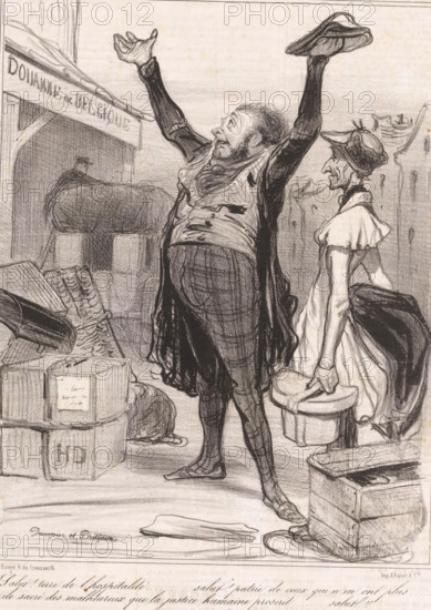 Robert Macaire and Bertrand at the Belgian border, Robert Macaire, cartoon, Series number, 1, 20, Second series., printmaker: Honoré Daumier, printer (person): Aubert & Cie., Paris, publisher: Bauger, 1840, printer (person), paper, lithography, letterpress printing, lithography with letterpress text on verso, height 362 mm x width 237 mm, Print possibly from: Le Charivari, October 25, 1840., caricatures (human types), customs, A pencil drawing of a street scene showing a portly man facing upward with arms raised and one hand holding a hat, wearing a long coat, vest, and striped trousers, his mouth open and face turned to the sky; beside him a thin woman in a dress and bonnet stands holding a round hatbox and a cloak draped over her arm, her profile turned toward the man; around them are stacked crates and parcels, a coiled rope, and a wooden crate; in the background a covered wagon or bales are positioned beneath an awning with partial signage, and a shadowed figure stands near the wag...
