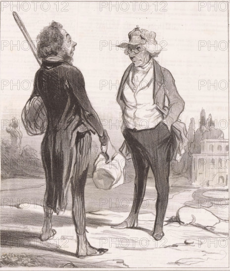 Robert Macaire tells a man why he is leaving France, Robert Macaire, cartoon, Series number, 3, 20, Second series., printmaker: Honoré Daumier, printmaker: Charles Philipon, printer (person): Aubert & Cie., Paris, publisher: Bauger, 1840, printer (person), paper, lithography, letterpress printing, lithography with text in letterpress on verso, height 363 mm x width 230 mm, Print possibly from: Le Charivari, December 12, 1840., caricatures (human types), outcasts, pariahs, A pencil sketch shows two standing men facing each other outdoors on a path with distant trees and a building; the man on the left is seen from behind and in profile, wearing a tattered dark coat with visible tears and patches, carrying a round bundle tied to his back and holding a long stick over his shoulder, his hair is curly and unkempt and his feet are bare; the man on the right faces forward with hands in his pockets, wearing a jacket over a wrinkled shirt and a soft cap with ruffled edges, he has glasses and a ...