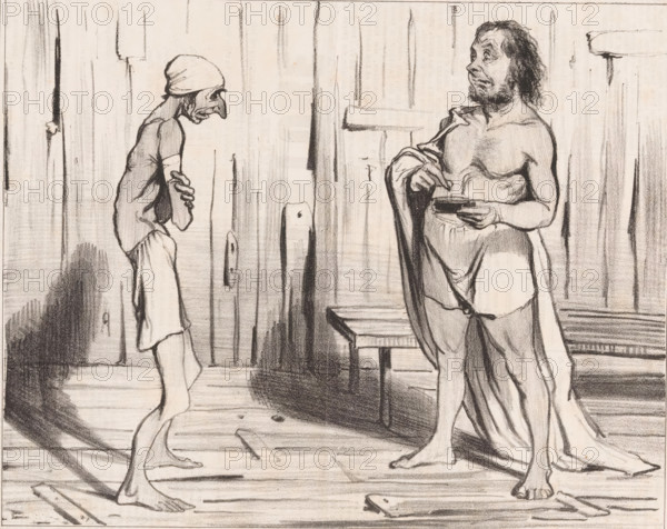Robert Macaire and Bertrand in the pool, Robert Macaire, cartoon, Series number, 17, 20, Second series., printmaker: Honoré Daumier, printer (person): Aubert & Cie., Paris, publisher: Bauger, 1842, printer (person), paper, lithography, letterpress printing, lithography with letterpress text on verso, height 240 mm x width 318 mm, A black and white drawing of two barefoot men standing on a wooden floor in front of a paneled wooden wall, one man on the left is thin and hunched, wearing a cap and a short tunic with his arms crossed and his head bowed, the other man on the right is heavier, partially draped in cloth around his waist and shoulders, holding a shallow dish and looking upward with a beard and unkempt hair, a small bench sits between them and shadows and wood grain are rendered across the floor and wall.