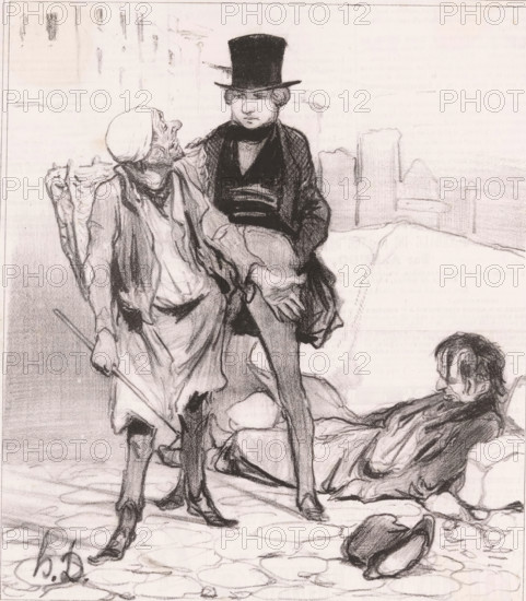 Ne laissez donc pas votre ami dans cet état lá!, Man with two ragged figures on a construction site, Banal situations, Vulgarities, cartoon, Series number, 4, 10, printmaker: Honoré Daumier, printer (person): Aubert & Cie., Paris, publisher: Bauger, 1841, printer (person), paper, lithography, letterpress printing, lithography with letterpress text on recto and verso, height 317 mm x width 244 mm, Print possibly from: Le Charivari, June 1, 1841., drunkard, caricatures (human types), outcasts, pariahs, A monochrome sketch of three figures on a cobbled surface, showing a standing older woman wearing a headscarf and a long dress with a cloak, holding a stick and looking upward, a younger man in a tall hat and dark coat seated partly on a rock with one leg raised and one hand resting on his knee, and a seated man leaning back against stones with a weary expression and disheveled hair. The foreground shows a discarded hat on the ground and textured cobbles, while the background contains fain...