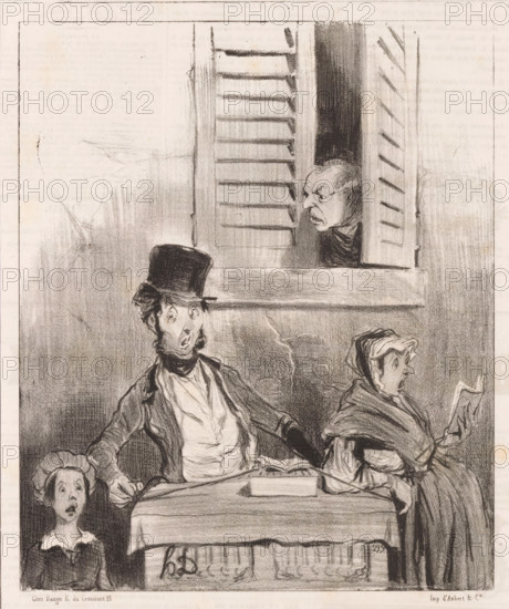 Man sends away singing family with street organ, Musicians of Paris, Les musiciens de Paris, cartoon, Series number, 1, 6, printmaker: Honoré Daumier, printer (person): Aubert & Cie., Paris, publisher: Bauger, 1843, printer (person), paper, lithography, letterpress printing, lithography with letterpress text on verso, height 363 mm x width 244 mm, A charcoal or ink illustration shows three seated figures and one face peering from a window with shutters; the central seated figure wears a tall hat and a coat with a scarf, looking upward with a surprised expression and one arm resting on a cloth-covered table, a rectangular object on the table beside an open book, a woman to the right wrapped in a shawl holds a small book and looks sideways with a startled expression, a childlike figure at the lower left gazes upward with an open mouth, and above them a man leans from a partially open shuttered window frowning downwards; the scene is rendered in muted monochrome tones with visible shading...