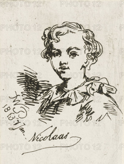 Portrait of Nicolaas Pieneman at the age of 4, print, Portrait of Nicolaas Pieneman, son of the artist, at the age of 4., printmaker: Jan Willem Pieneman, Northern Netherlands, 1813, paper, etching, height 71 mm x width 48 mm, Person, Nicolaas Pieneman, historical persons, child, A black ink sketch on aged paper showing the upper body of a young person with short, wavy hair and a rounded face, looking slightly to the side; the figure wears a garment with a ruffled collar and a bow at the shoulder, and bold, varied ink strokes create shading and texture around the neck, shoulder, and behind the figure where hatched lines suggest a background element; the paper shows subtle stains, smudges, and faint vertical scratches.