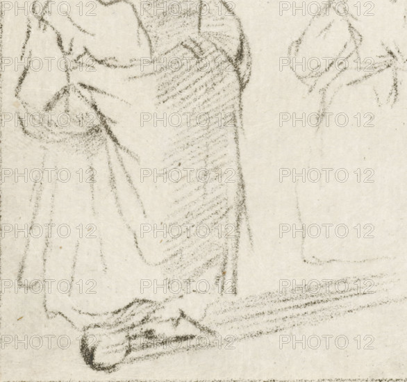 Two young children, print, A girl with her hands under her apron. Another girl seen from the back., printmaker: Cornelis Ploos van Amstel, Amsterdam, printmaker: Bernhard Schreuder (possibly), after design by Adriaen van Ostade, 1756 - 1767, paper, crayon manner, transfer, etching in crayon manner, proof print, height 81 mm x width 78 mm, girl (child between toddler and youth), A close view of a textured light background with faint dark charcoal strokes forming curved and diagonal lines that suggest folds and drapery, showing densely dotted shading in some areas and softer, scattered marks in others, with a darker vertical shaded band near the center and delicate smudged outlines toward the edges.
