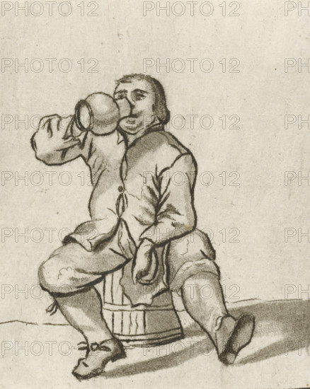 Drinking man sitting on a barrel, print, A man puts a jug to his mouth while sitting on a barrel., printmaker: Cornelis Ploos van Amstel, Amsterdam, 1736 - 1798, paper, print drawing, etching, roulette, etching and roulette, proof print, height 61 mm x width 51 mm, drinking, jar, jug (used as drinking-vessel), A charcoal or pencil drawing of a seated person wearing loose, rumpled clothing and short hair, shown drinking from a large rounded vessel held to their mouth, with a rounded face and visible eyes and nose; the figure sits on a cylindrical object with vertical slats and a rounded top, one leg bent and the other extended, wearing simple shoes with tied laces, and shadows beneath the legs and feet; the background is a plain, textured surface.