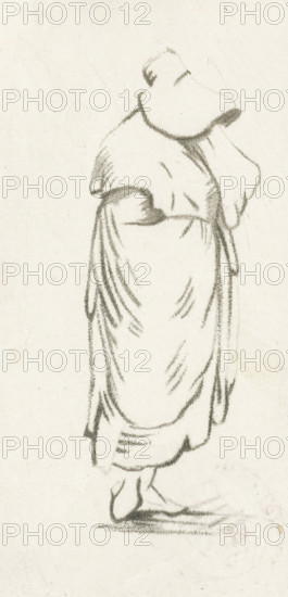 Standing woman, print, Standing woman holding a handkerchief to her face., printmaker: Cornelis Ploos van Amstel, Amsterdam, 1736 - 1798, paper, print drawing, crayon manner, transfer print, etching in crayon manner, proof print, height 126 mm x width 62 mm, adult woman, A charcoal or pencil sketch of a standing figure draped in a long garment with flowing folds, wearing a hood or large hat that obscures the face, with visible shoulders and arms covered by the outer fabric, the lower garment falling to the ankles and showing simple footwear, all rendered with soft, textured strokes on a light, slightly mottled background.