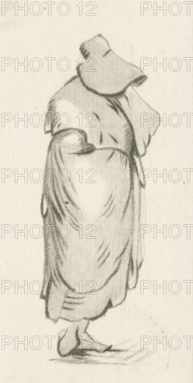 Standing woman, print, Standing woman holding a handkerchief to her face., printmaker: Cornelis Ploos van Amstel, Amsterdam, 1736 - 1798, paper, print drawing, crayon manner, transfer, roulette, etching in crayon manner and roulette, proof print, height 127 mm x width 63 mm, adult woman, A charcoal sketch of a standing figure seen from behind, wearing a loose, draped garment and a wide-brimmed hat; the garment shows soft folds and shading suggesting layered fabric, with darker charcoal lines emphasizing creases and hems, and the figure's lower legs and feet are indicated with simple contour strokes and shadow on a plain, light background.