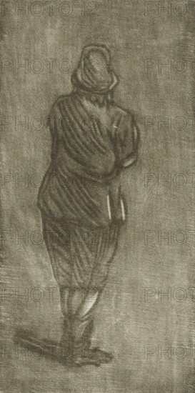 Standing man, seen from behind, print, printmaker: Cornelis Ploos van Amstel, Amsterdam, 1736 - 1798, paper, print drawing, mezzotint, height 127 mm x width 63 mm, standing figure, A charcoal or pencil sketch of a person seen from behind standing with a slight lean, wearing a hat and a loose coat or cloak with visible folds and drapery, pants with diagonal shading, and shoes; the figure is centered against a textured, grainy background with subtle variations in tone.