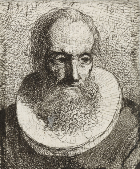 Portrait of an unknown man, print, Portrait of a man with a beard and ruffled collar., printmaker: Bastiaan de Poorter, The Hague, 1863, paper, etching, height 70 mm x width 55 mm, anonymous historical person portrayed alone, A close-up black and white etched portrait showing the head and upper torso of an older man with a receding hairline, deep-set eyes, a long nose, and a full curly beard extending onto his chest, rendered with dense crosshatching and fine linework that creates textured shadows across his face, hair, collar, and background, with a rounded collar framing his neck and circular lines suggesting a plate or collar beneath.