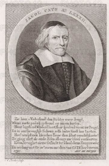 Portrait of Jacob Cats, print, Grand Pensionary of Holland and poet., number: '335', printmaker: Antoni Zürcher, writer (clerical worker): Jan de Kruyff (1753-1821), publisher: Johannes Allart (possibly), Amsterdam, 1790, writer (clerical worker), paper, etching, engraving, etching and engraving, height 135 mm x width 84 mm, Print possibly used in: Cats, 1790., Person, Jacob Cats (1577-1660), A monochrome engraved portrait of an older person shown from the chest up inside an oval frame, with shoulder-length hair and a small cap, wearing a wide flat collar and a dark buttoned garment with textured shading; the oval is set against a lined rectangular background and there is a rectangular panel below filled with closely spaced horizontal lines and blocks of smaller decorative markings.