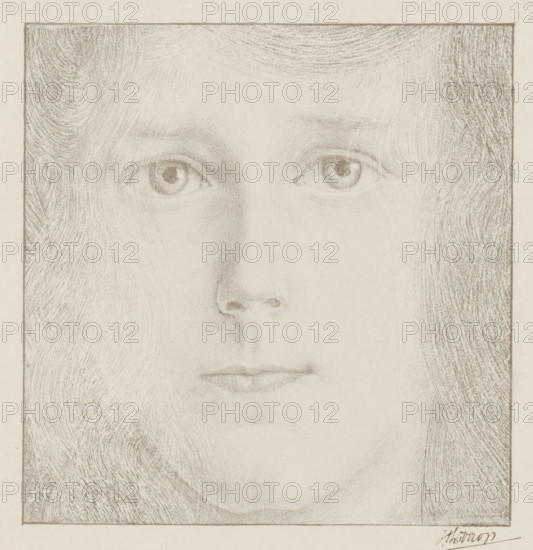 Head of a girl (original title), Portrait of Willy Timmerman, print, printmaker: Jan Toorop (signed by artist), 1895, paper, lithography, height 168 mm x width 164 mm, It was long mistakenly thought that the girl was Marie (Mies) Drabbe., Person, Willy Timmerman, historical persons, girl (child between toddler and youth), A close-up pencil drawing of a human face shown within a rectangular frame, featuring softly shaded eyes with visible irises and pupils, subtle eyebrows, a slender nose with delicate shading around the nostrils, and gently outlined lips; the face is rendered with fine, curved pencil strokes suggesting long hair framing both sides, and the overall tone is light with gradations of gray and textured pencil marks across the skin and hair.