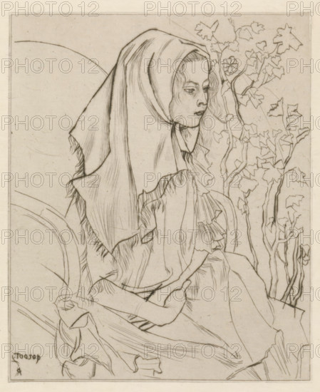 Sick child (original title), Charley Toorop with headscarf in an armchair, print, printmaker: Jan Toorop, 1898, paper, drypoint, intaglio printmaking technique, drypoint with plate tone on zinc, height 164 mm x width 138 mm, Person, Charley Toorop, historical persons, girl (child between toddler and youth), patient, sick person, A line drawing of a young person seated in profile, wearing a hooded garment with flowing folds and fringed edges, the face shown in three-quarter view with downcast eyes and a neutral expression, hair peeking from beneath the hood in soft waves, the body draped in layered clothing with visible creases and gathered sleeves, one hand resting on the lap and another partially visible near the hem, a background of slender vine-like branches with stylized leaves and a single flower rising beside the figure, all rendered in fine, delicate pencil or ink lines on a lightly textured, pale background.