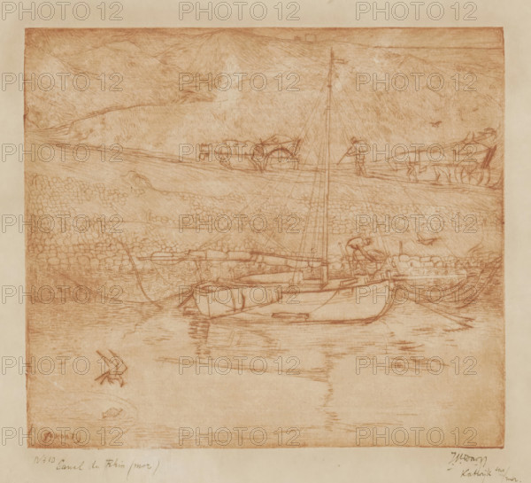 Canal near Katwijk aan Zee (original title), Small sailboat in the water near the dunes, print, annotation: 'N10 Canal du Rhin, mer', annotation: 'J. Th. Toorop, Katwijk sur, printmaker: Jan Toorop (signed by artist), 1901, Jan Toorop, printmaker, paper, drypoint, intaglio printmaking technique, drypoint with plate tone on zinc in red, height 139 mm x width 159 mm, dune coast, sailing-ship, sailing-boat, Katwijk (Zuid-Holland), Katwijk aan Zee, A rectangular sepia-toned drawing showing a small sailboat moored in calm water with its hull and mast sketched in fine lines, a person crouched near the boat handling lines, a stone quay or breakwater behind the boat made of irregular blocks, two horse-drawn carts and a standing figure on the shoreline above the quay, rolling hills in the background with textured hatch marks, and a few birds flying over the water.