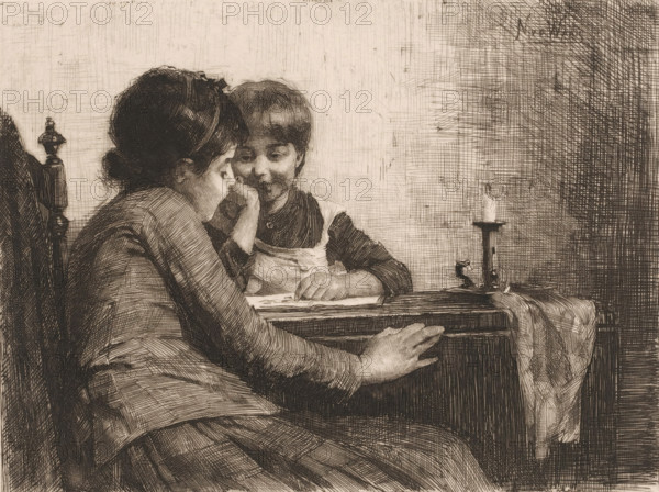 An art appreciation, print, Two children with a book lying open on a table., inscription: 'distel 1886', printmaker: Nicolaas van der Waay, 1865 - 1936, paper, chine collé, etching, drypoint, intaglio printmaking technique, height 175 mm x width 232 mm, child and art, A detailed monochrome etching shows two seated figures at a table; one figure with dark hair pulled back leans forward with an elbow on the table and a hand near the face, wearing layered clothing with visible folds, while the other figure, with shorter hair and a lighter apron-like garment, faces the first with a slight smile and both hands resting on the table near a sheet of paper; a tall candlestick with a small flame stands on the table beside a draped cloth, and a carved chairback is visible behind the leaning figure, all rendered with dense cross-hatching and fine line work against a textured background.