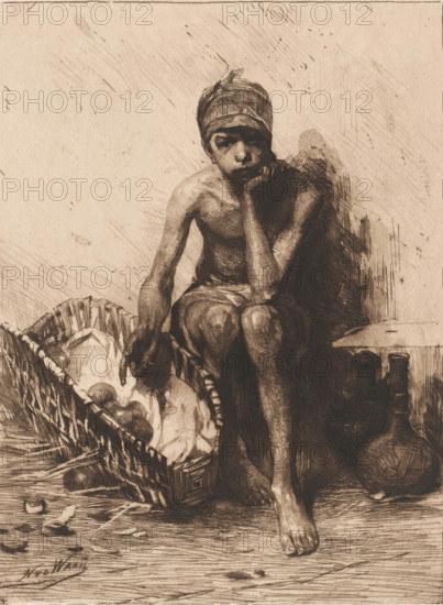 Fruit seller, print, printmaker: Nicolaas van der Waay (signed by artist), 1865 - 1936, paper, chine collé, etching, intaglio printmaking technique, aquatint, height 228 mm x width 172 mm, merchant, salesman, fruits, Naples, A sepia-toned etching shows a barefoot young person seated with one arm resting on a knee and the head leaning on a hand, wearing a wrapped headscarf and a simple cloth around the waist; a woven basket filled with round objects sits beside them, and another basket or container and cylindrical vessels are visible near their feet, while the background is textured with crosshatched shading.